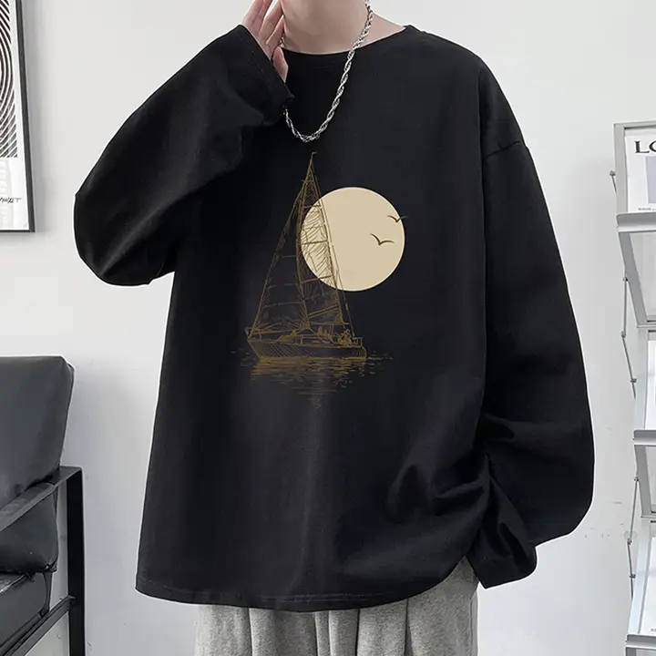 純綿長袖Tシャツ【春秋用・クルーネック・ゆったりフィット・プリントデザイン】