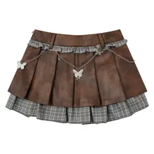 カフェ色PUレザー切り替えチェック柄ハイウエストAラインプリーツスカート【秋用・女性用・スタイリッシュ】