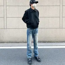 517デニムパンツ【ヴィンテージ風・ダークブルー・クリーンフィット・フレア・雪模様加工】