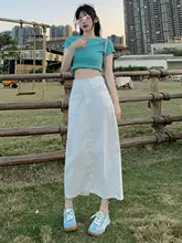 ハイウエスト白色デニムスカート【Aライン・調整可能・夏用・ミディ丈】