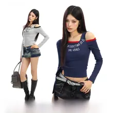 デザイン性抜群の斜め肩長袖Tシャツ【春用・女性用・短丈・極上の柔らかさ】（セットアップ対応）