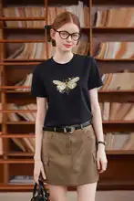 コントラスト刺繍ラウンドネック半袖Tシャツ【カジュアル・女性用】