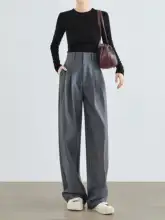 グレーのストレートスーツパンツ【高腰・フィット・レディース】