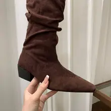 粗いヒールのスエードロングブーツ【秋冬用・カジュアル・カーキ】