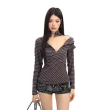 ストライプ柄ロングスリーブTシャツ【肩出しデザイン・女性用・春季向け】