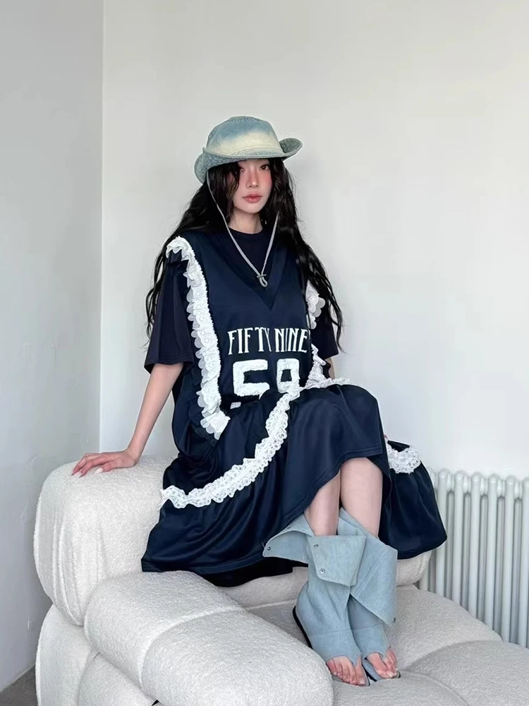 デザイン性のある半袖Tシャツワンピース【フリル付き・夏用・レタープリント・カジュアル】（セットアップ対応）