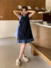 深い青のチェック柄ノースリーブデニムワンピース【デザイン性のある重ね着風・夏用】
