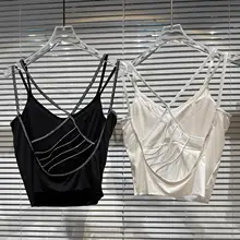 背中が透けるデザインの水晶装飾付きストラップタンクトップ【極上の柔らかさ・バストパッド付き】