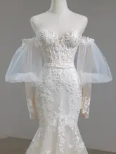 フランス製レースの軽やかなお嫁さん用マーメイドウェディングドレス【ストラップレス・白・トレーン付き】