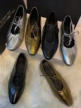 手作りの羊皮革製レトロフレンチスタイルマリージェーンシュー ズ【金銀色・低ヒール・ひも付き・プリーツデザイン】