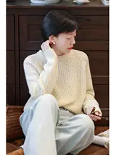 全羊毛製 レトロなニットセーター【クルーネック・透かし編み・ゆったりとしたデザイン・ミルクベージュ】