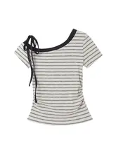 ストライプの斜め肩デザイン半袖Tシャツ【女性用・夏季・スリムフィット・肩出し】