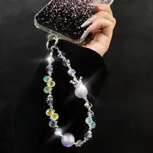 高級感ある水晶製スマホストラップ【手提げ用・ハンドチェーン・ビーズデザイン】