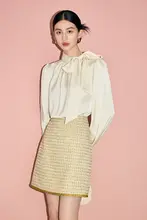 MandyZhang 長袖デザインカラーシャツ【立ち襟・スリーブ付き・秋用・イエロー】