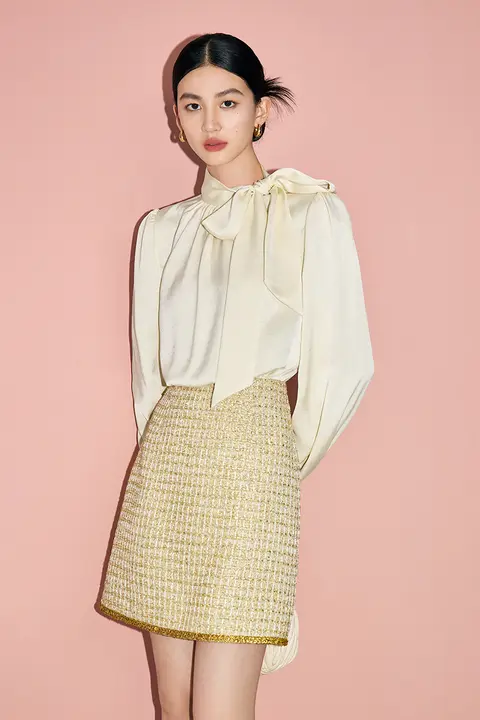 MandyZhang 長袖デザインカラーシャツ【立ち襟・スリーブ付き・秋用・イエロー】