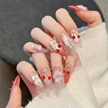 可愛らしい桜桃型デザインの手作り着用ネイルチップ【中長丈・リボン付き】