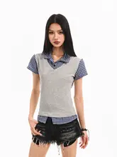 アメリカンレトロチェック柄シャツ衿半袖Tシャツ【夏用・学院風・フィットデザイン】（セットアップ対応）