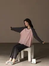 春秋用の長袖ラウンドネックパジャマ【純綿・カジュアル・単色・ルームウェア】（セットアップ対応）