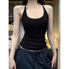 美しい背中のデザイン！黒のハーフネックタンクトップ【夏用・カップ付き・体型を美しく見せる】