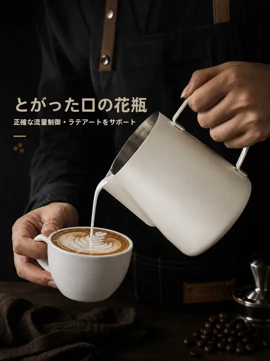 304ステンレス製 カフェラテアート用ミルクピッチャー【目盛り付き・尖った注ぎ口・泡立て機能】