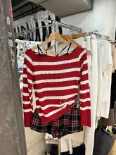 BM フランス風クリスマスレッドストライプニットセーター【ツイスト模様・オフショルダー・女性用】