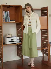 エレガントなグリーンハイウエストAラインスカート【秋季・ミディ丈】