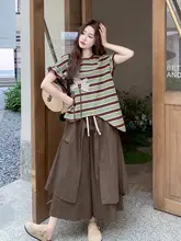 おしゃれな夏用トップス＆スカートパンツ【色合いストライプ・立体花柄・短袖・デザイン性】（セットアップ対応）