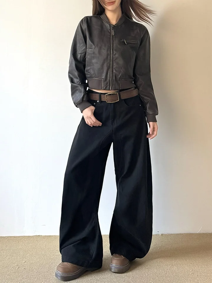 ユニセックス ワイドレッグデニムパンツ【レトロデザイン・ルーズフィット・スリット入り】