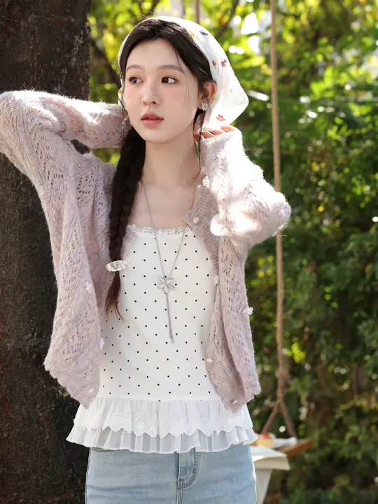 春の感ただようピンクパープルの長袖ニットカーディガン【女性用・ルーズフィット・カジュアル】