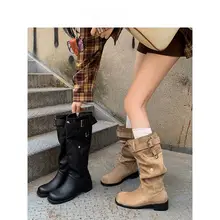 秋スタイルのロングブーツ【女性用・広めの筒・フラットヒール・ウエスタンデザイン】