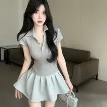 カジュアルスポーツ風半袖POLOワンピース【春夏用・ウエスト絞り・Aライン】