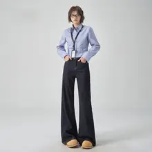 アメリカンレトロ 微フレアデニムパンツ【ゆったりしたシルエット・小柄向け・着こなしやすい】（セットアップ対応）