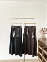 ベルベット調のハイウエストロングスカート【コーヒー色・体型カバー・トレンドデザイン】（セットアップ対応）