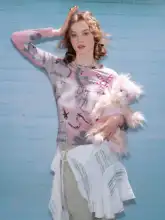春夏用アメリカンビンテージデザイン！ピンク星柄プリントフィット長袖Tシャツ【女性用】