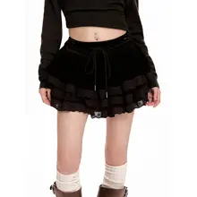 コーヒー色ベロアレース付きフレアスカート【ハイウエスト・Aライン・秋冬用】