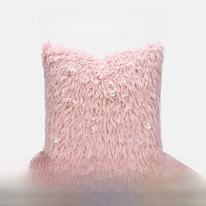 子供部屋用かわいいシンプルなプリンセスデザインのクッション【ピンク・フェイクファー・ビーズ装飾】