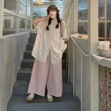 フラワープリントのゆったり短袖シャツとワイドパンツ【韓国風・カジュアルスタイル】（セットアップ対応）