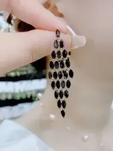 豪華なビーズ付きブラッククリスタルピアス【ボヘミアンスタイル・ロングデザイン】