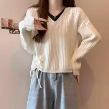秋冬用 Vネックニットセーター【ドローストリング付き・ワイドフィット・レディース・シンプル】（セットアップ対応）