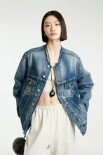 レトロデザインのウォッシュ加工ノーカラーデニムジャケット【クラシックスタイル・ユニセックス】