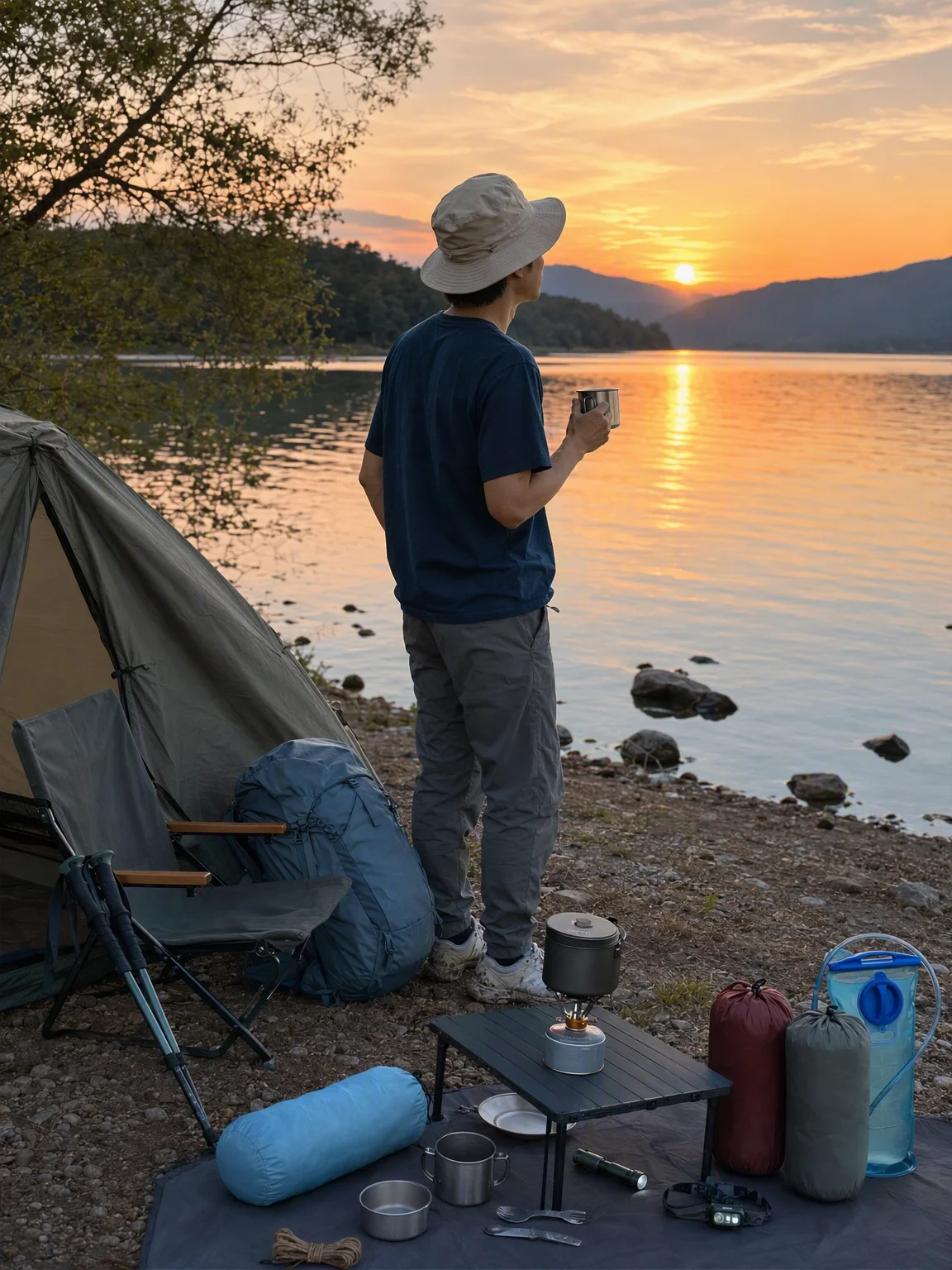 歩きを終えて湖畔でひと息つくとき、私は小さなバーナーで湯を沸かす時間がいちばん好きです。テントのそばにザックを置き、すぐ手の届く場所にマグやクッカー、ライトをまとめておくと、暗くなる前でも慌てません。日が落ちる水辺はきれいですが、足元は見えにくくなるので夜の備えは欠かせないです。静かな景色の中で、使いやすい道具だけが残る感じに安心します。