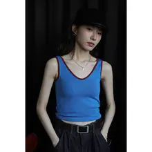 ブルーコントラストUネック胸パッド付きキャミソール【夏用・美背デザイン・ストレッチ】