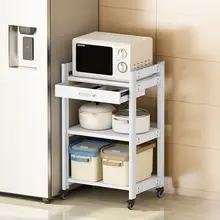ホワイト三段キッチン収納ラック【移動式・電子レンジ・オーブン対応・引き出し付き】