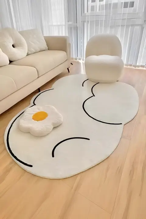 子供部屋用ラグ【短毛・白い雲デザイン・猫柄・耐汚れ・リビング用】