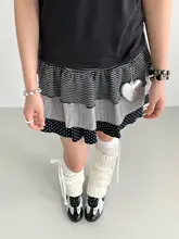 ドットストライプの夏用Aラインフレアスカート【レイヤードデザイン・フリル付き】（セットアップ対応）