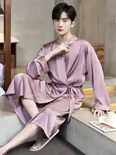 春秋夏用カップルパジャマ【長袖・アイスシルク・女性用キャミソールワンピース・男性用バスローブ・涼感タイプ・ホームウェア】（セットアップ対応）