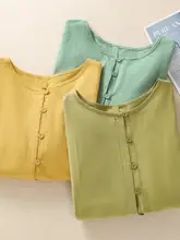 オーガニックコットンリネン製 九分袖シャツ【女性用・フィット・ラウンドネック・シンプルデザイン】