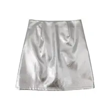 シルバーPUレザー膝上スカート【ハイウエスト・Aライン・カジュアル】