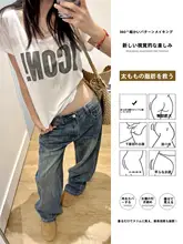 刺繍ロゴ入りウォッシュドブルー ワイドレッグデニムパンツ【フィット・ローライズ・カジュアル】