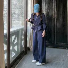 深青色カジュアルスウェットシャツ【秋春・アカデミックスタイル・二点】
（セットアップ対応）